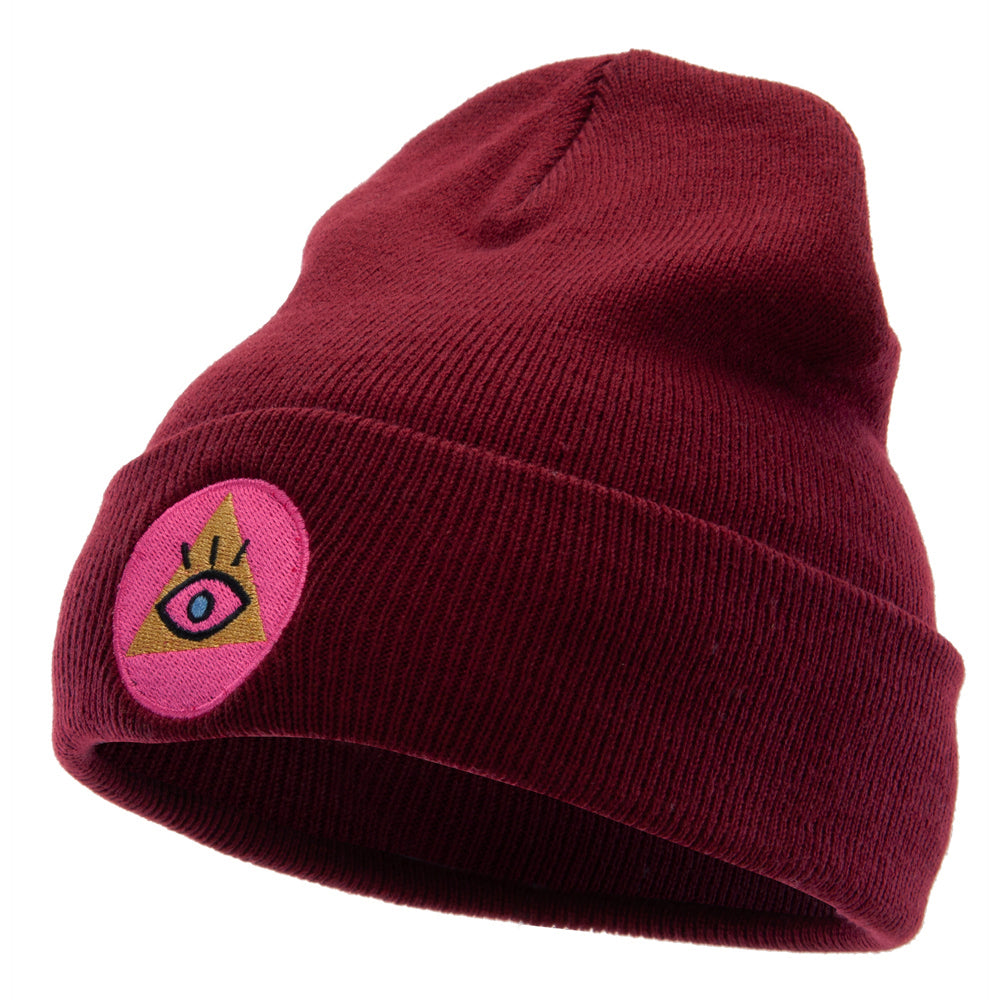 Pyramid Eye Embroidered 12 Inch Long Knitted Beanie - Maroon OSFM