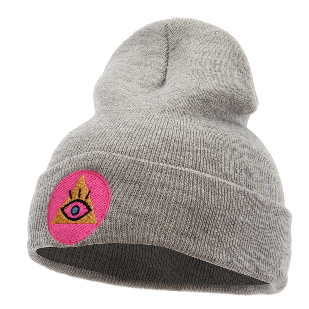 Pyramid Eye Embroidered 12 Inch Long Knitted Beanie - Heather Grey OSFM