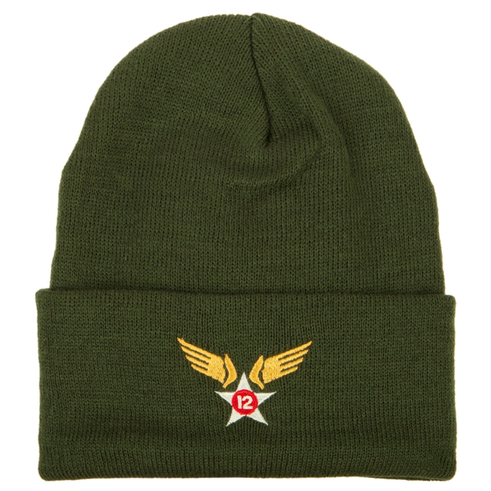 12th Air Force Badge Embroidered Cuff Beanie - Olive OSFM