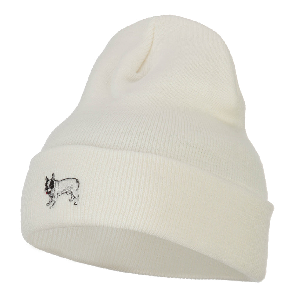 French Bulldog Embroidered Long Beanie - White OSFM