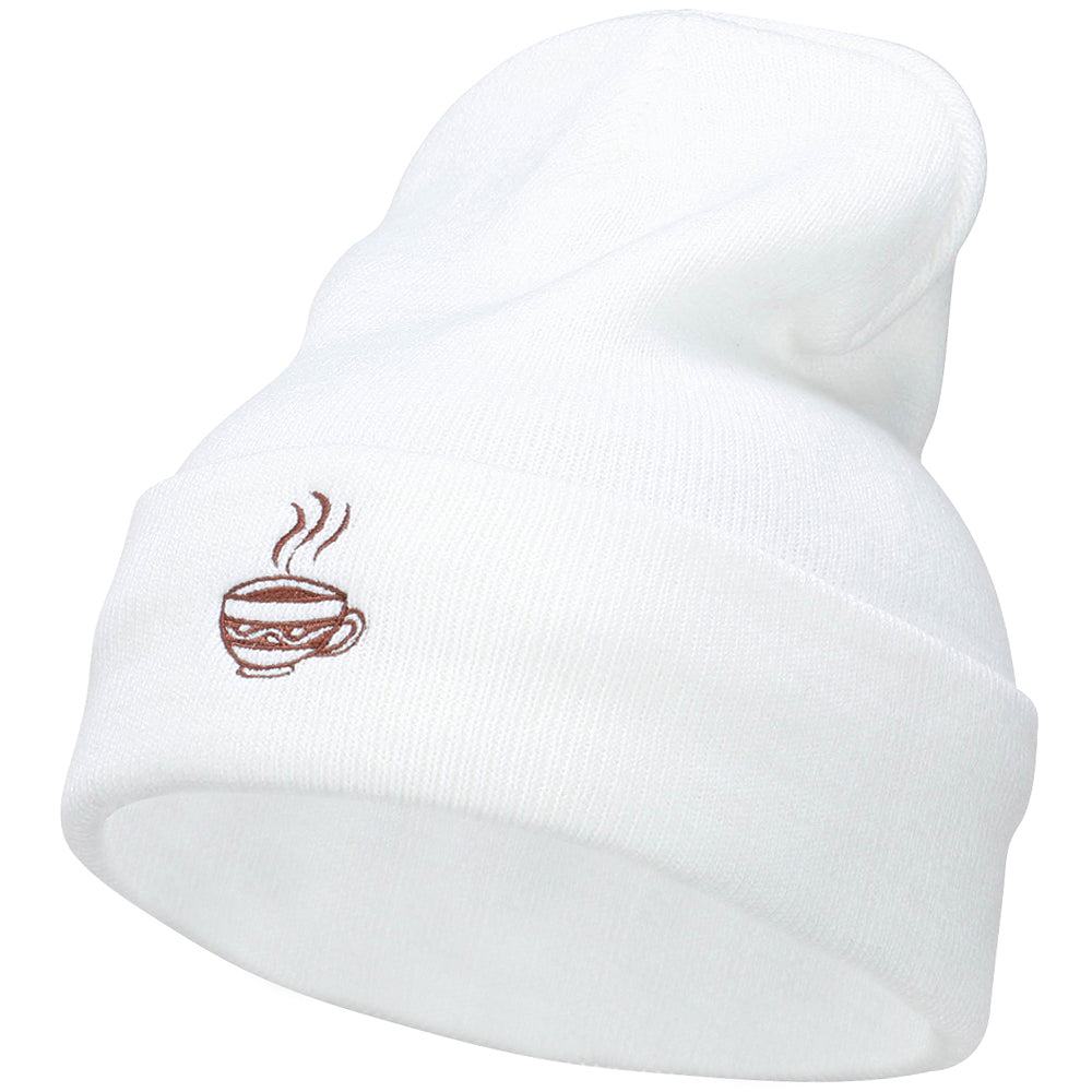 Coffee Cup Embroidered Long Beanie - White OSFM