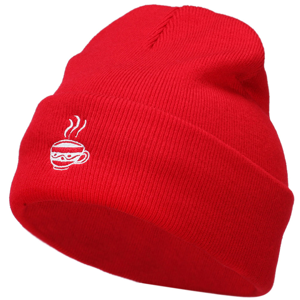 Coffee Cup Embroidered Long Beanie - Red OSFM