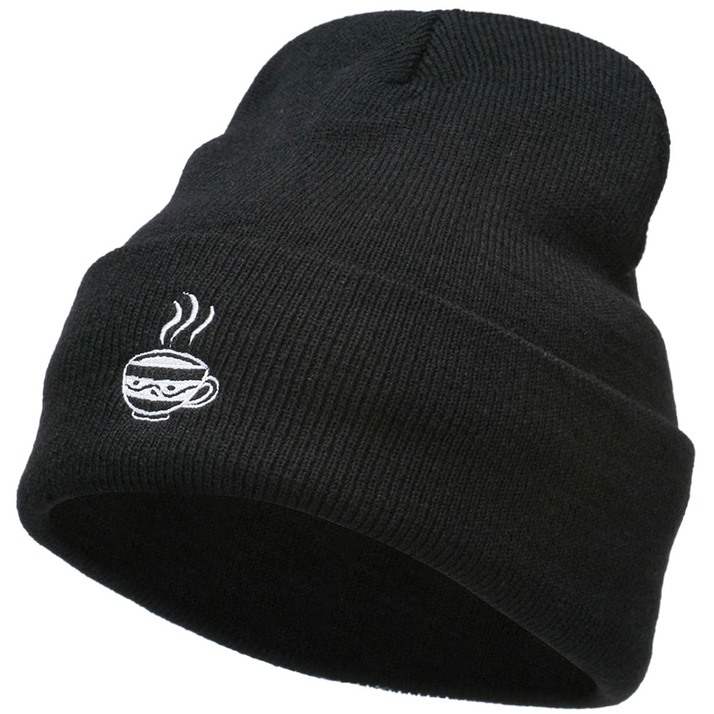 Coffee Cup Embroidered Long Beanie - Black OSFM