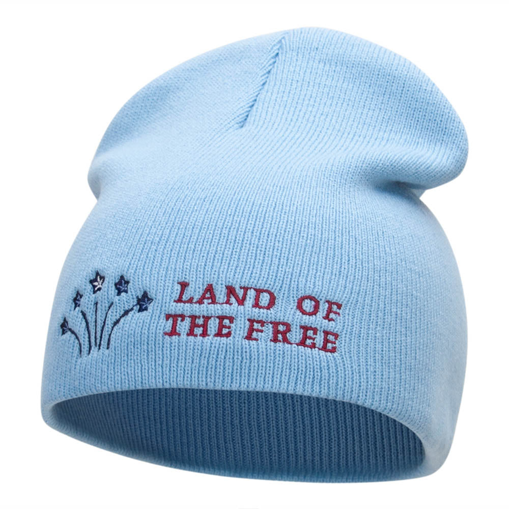 Freedom Reigns Phrase Embroidered Short Knitted Beanie - Lt Blue OSFM