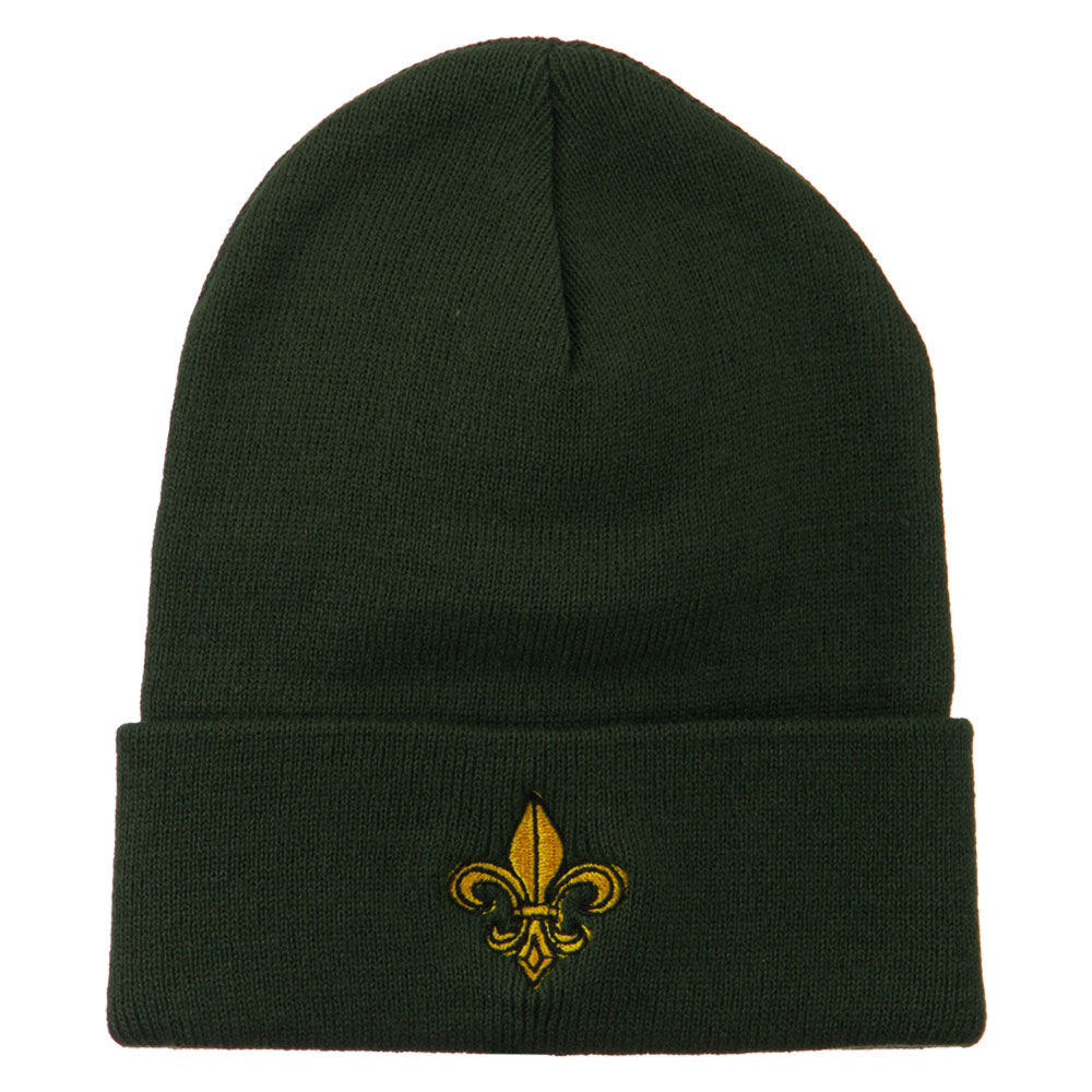 Fleur De Lis Embroidered Long Beanie - Olive OSFM