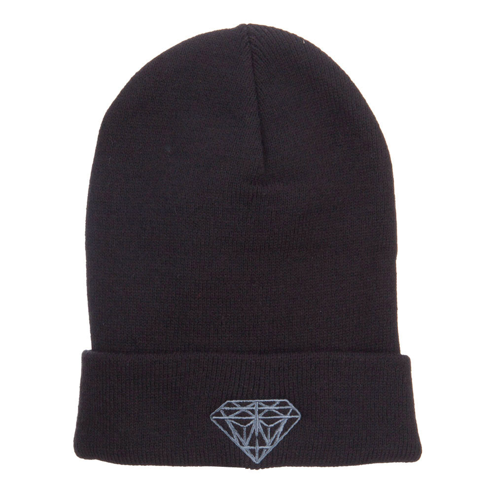 Big Size Grey Diamond Embroidered Long Beanie - Black XL-3XL