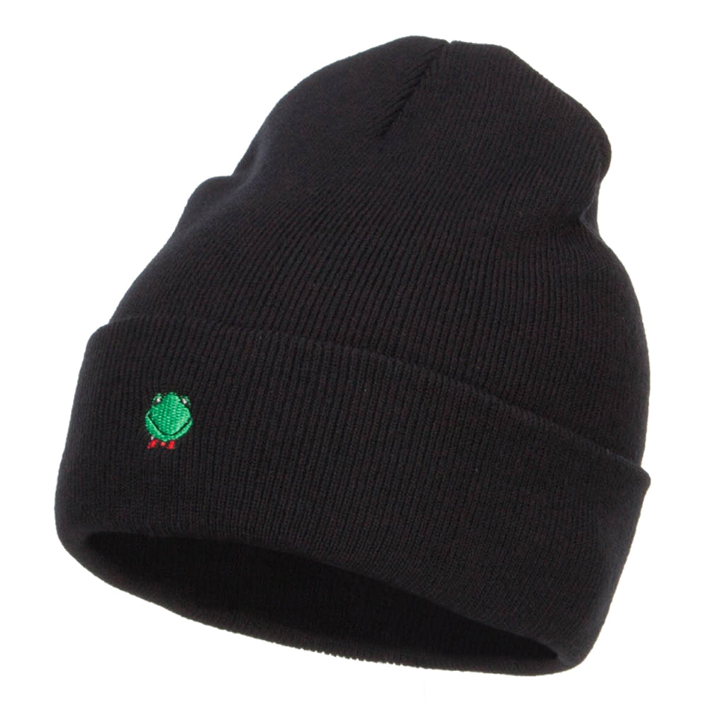 Mini Frog Embroidered Long Beanie - Black OSFM