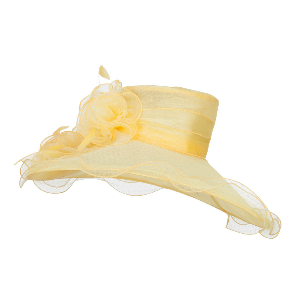 Floral Organza Hat with Ruffle Brim - Yellow OSFM