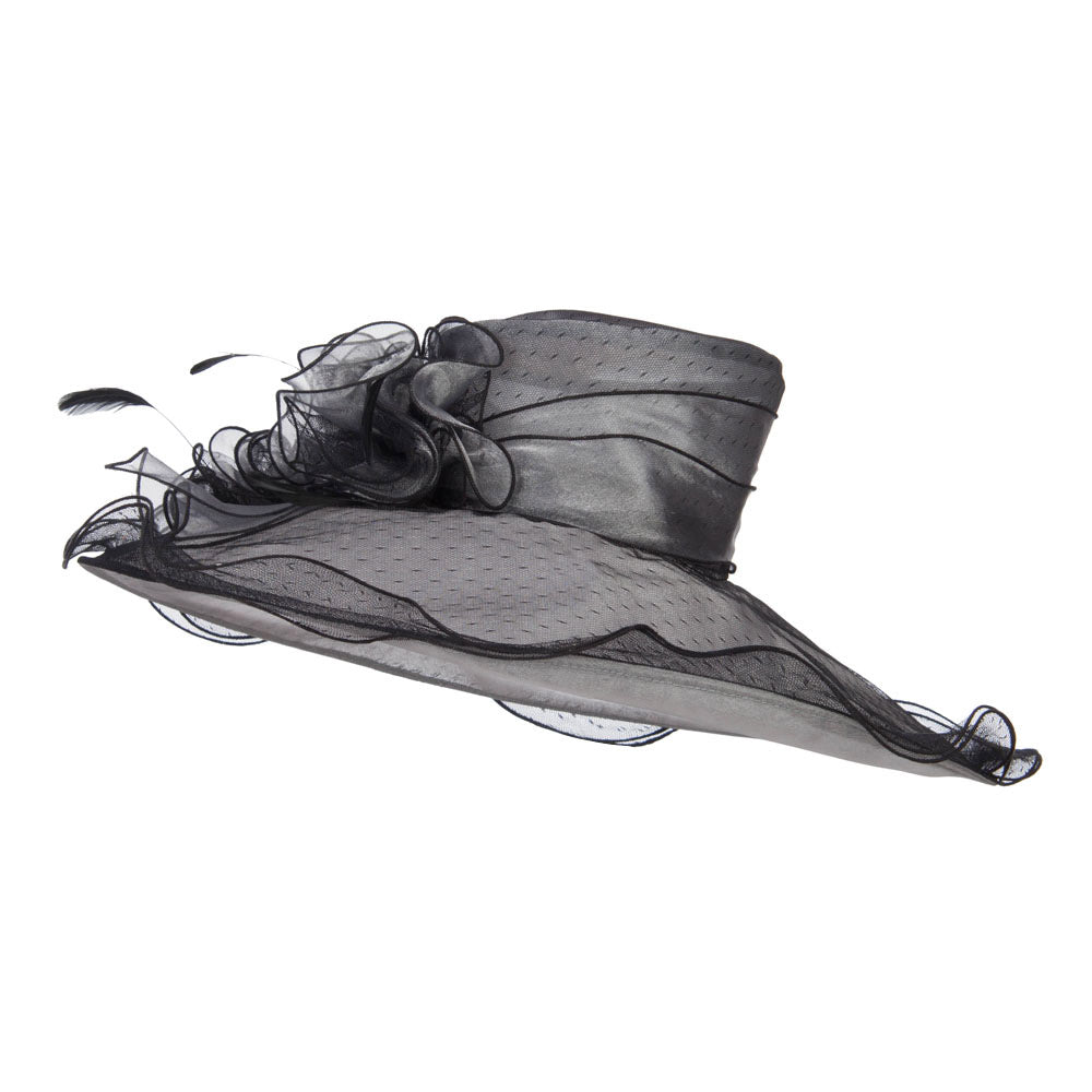 Floral Organza Hat with Ruffle Brim - Black OSFM