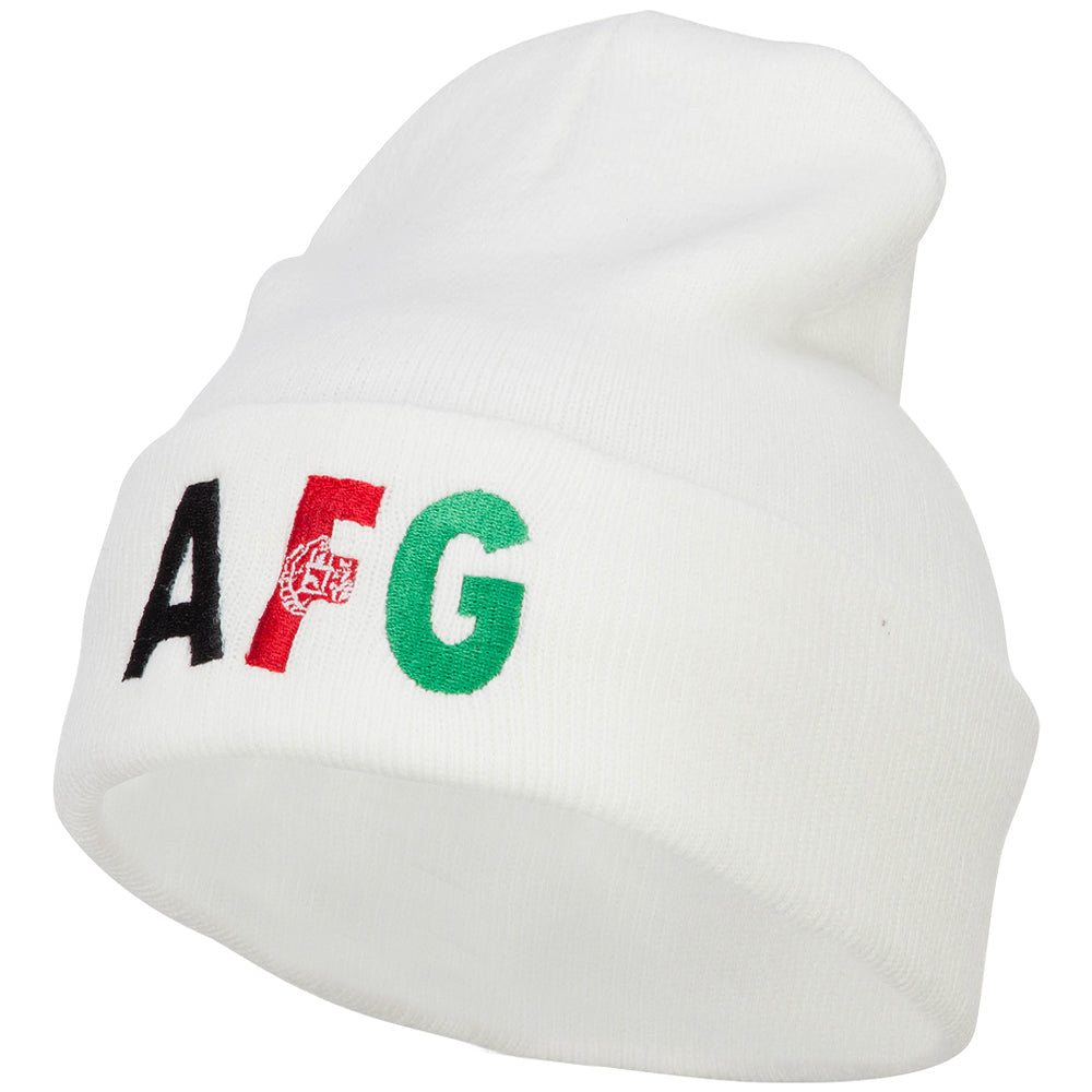 Afghanistan AFG Flag Embroidered Long Beanie - White OSFM