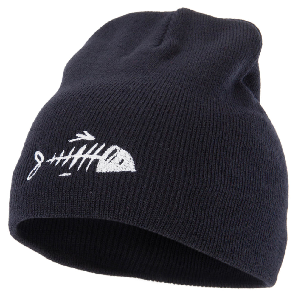 Fish Bone Design Embroidered 8 Inch Knitted Short Beanie - Navy OSFM