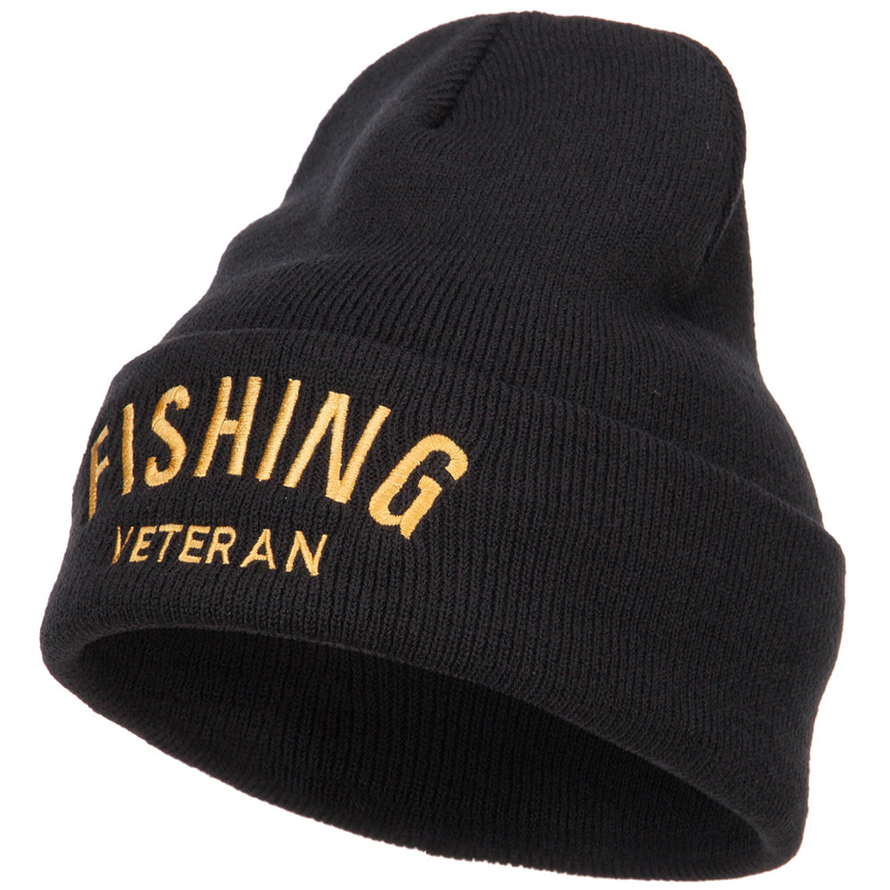 Fishing Veteran Embroidered Long Beanie - Black OSFM