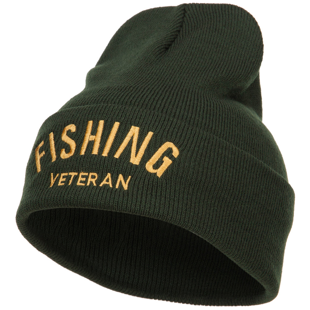 Fishing Veteran Embroidered Long Beanie - Olive OSFM