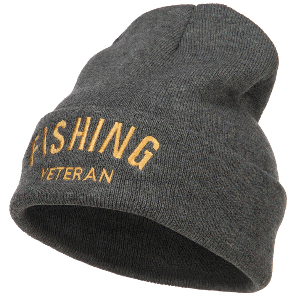 Fishing Veteran Embroidered Long Beanie - Dk Grey OSFM