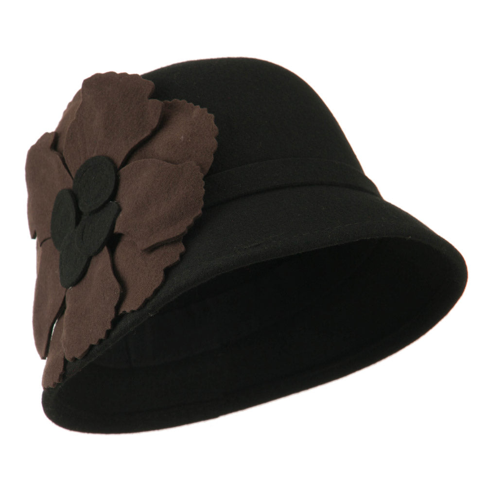 Flat Flower Wool Felt Cloche Hat - Black OSFM