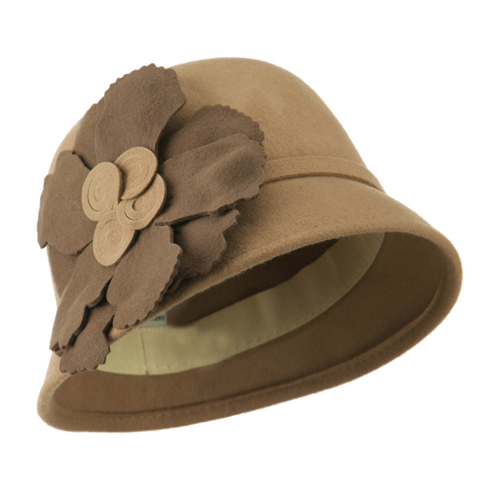 Flat Flower Wool Felt Cloche Hat - Camel OSFM