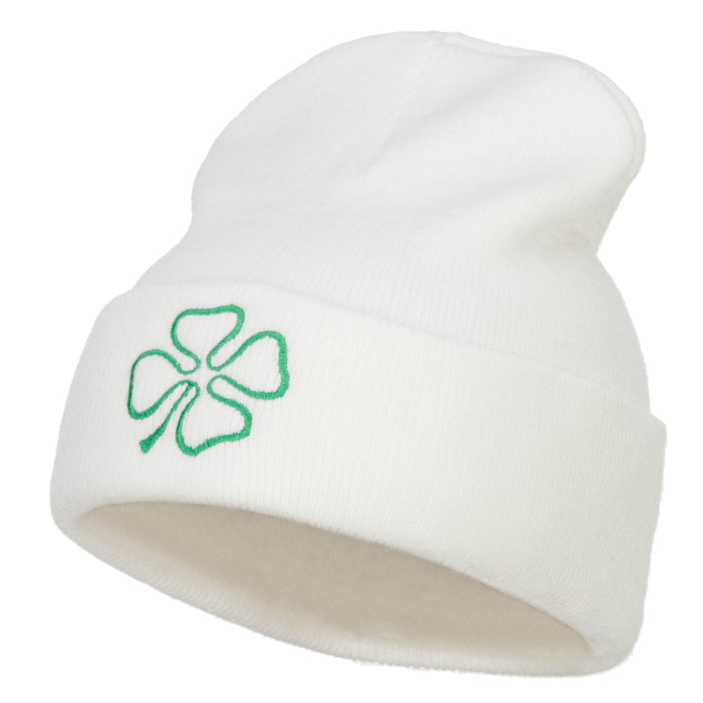 Four Leaf Irish Clover Embroidered Long Beanie - White OSFM