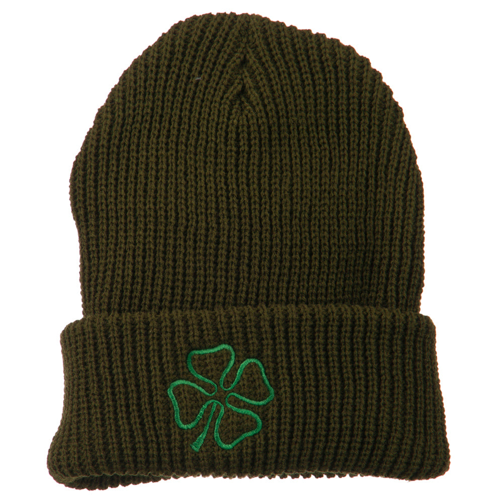 Four Leaf Clover Embroidered Watch Beanie - Olive OSFM