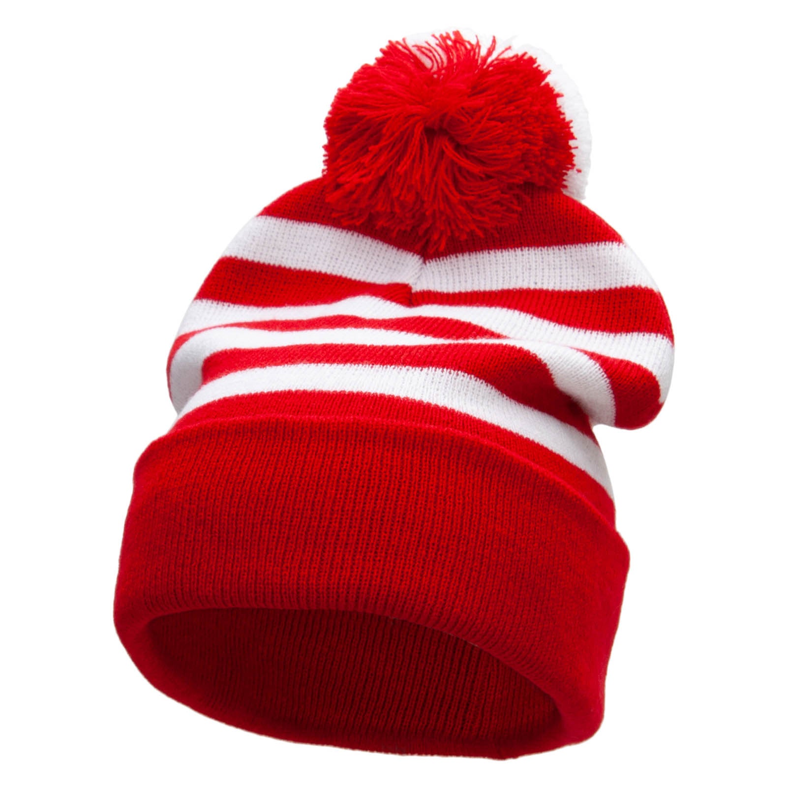 Striped Pom Pom Cuff Long Beanie - Red White OSFM