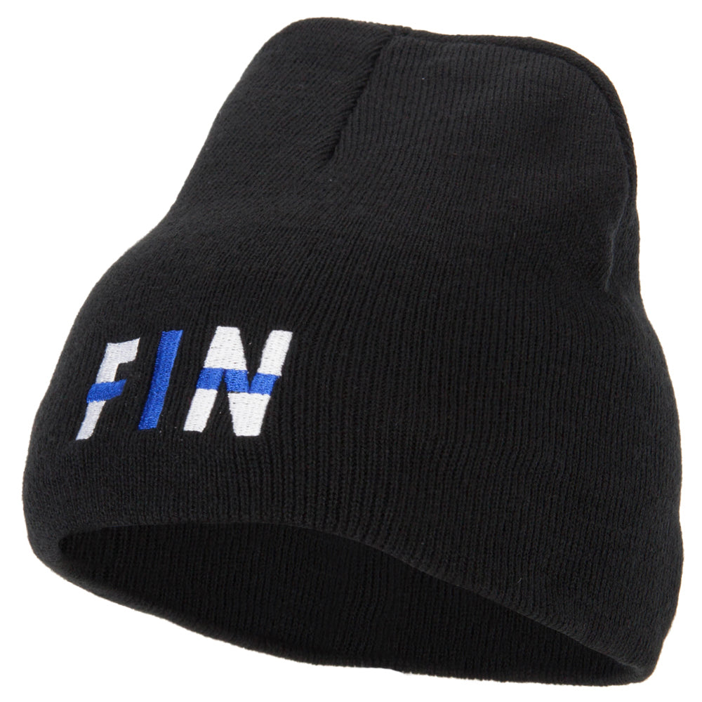 Finland Country Three-Letter FIN Flag Embroidered 8 Inch Knitted Short Beanie - Black OSFM