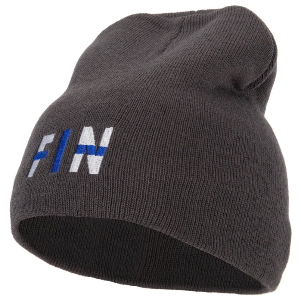 Finland Country Three-Letter FIN Flag Embroidered 8 Inch Knitted Short Beanie - Dk Grey OSFM