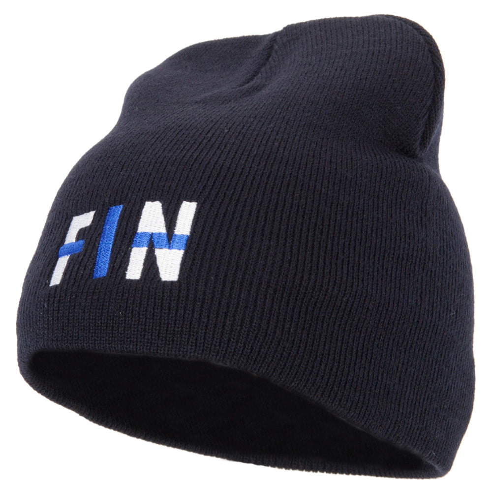 Finland Country Three-Letter FIN Flag Embroidered 8 Inch Knitted Short Beanie - Navy OSFM