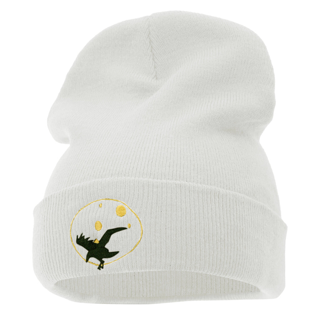 Flying Raven Embroidered 12 Inch Long Knitted Beanie - White OSFM