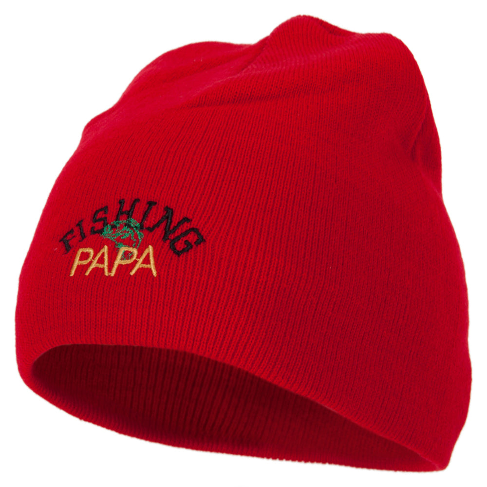 Fishing Papa Design Embroidered 8 Inch Knitted Short Beanie - Red OSFM