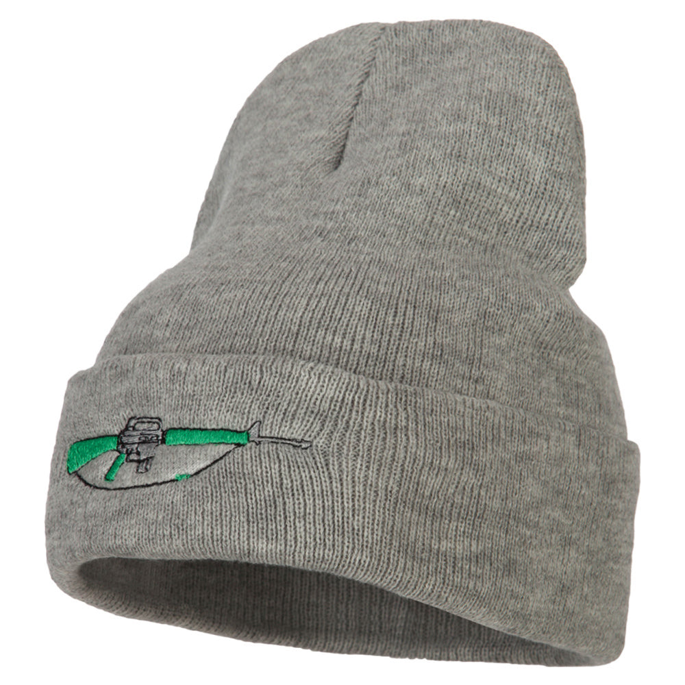 M-16 Rifle Embroidered Long Knitted Beanie - Heather Grey OSFM