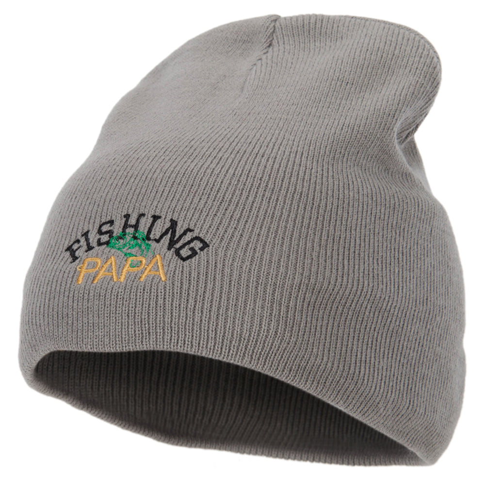 Fishing Papa Design Embroidered 8 Inch Knitted Short Beanie - Grey OSFM