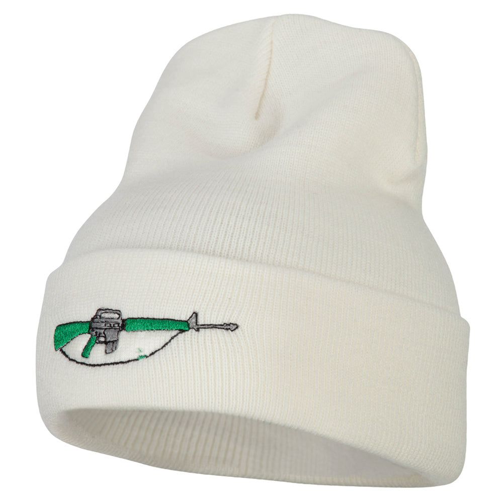 M-16 Rifle Embroidered Long Knitted Beanie - White OSFM