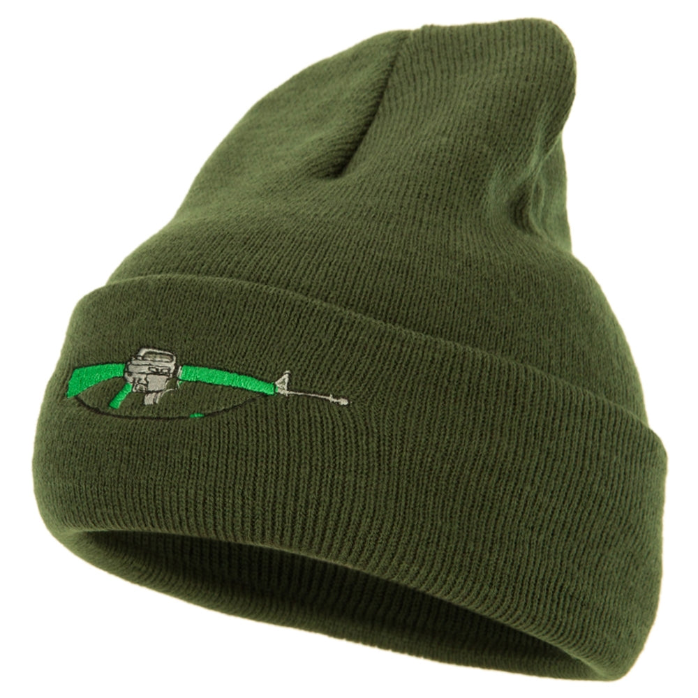 M-16 Rifle Embroidered Long Knitted Beanie - Olive OSFM