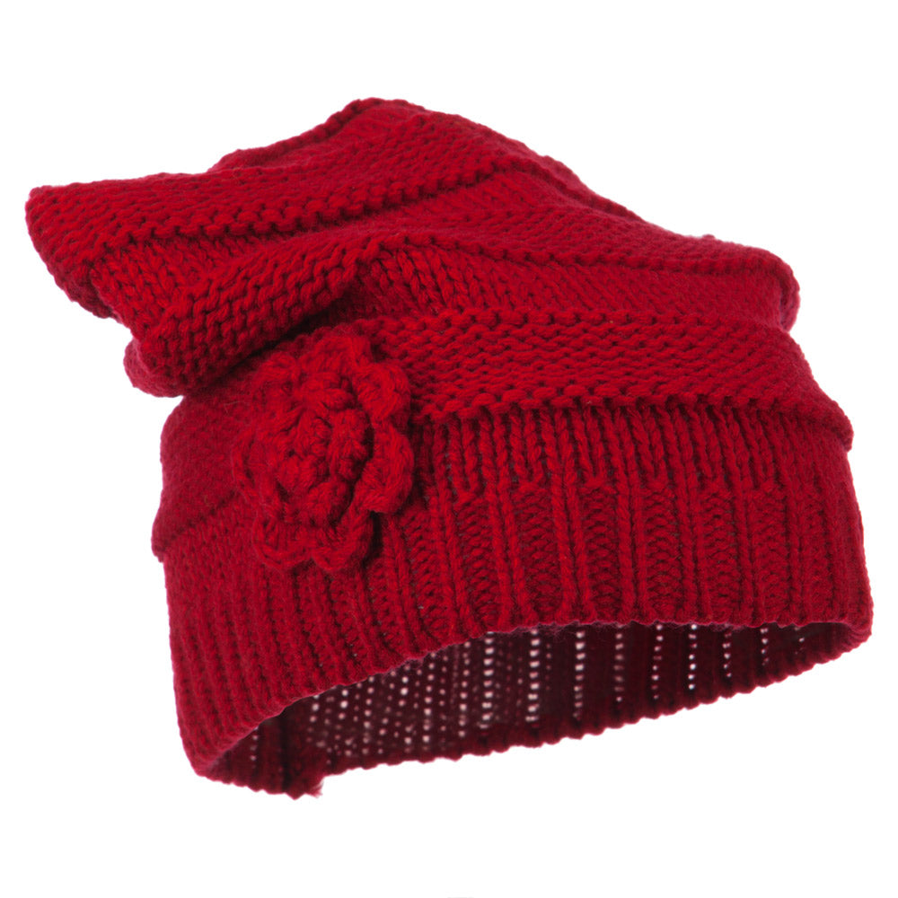 Flower Knit Long Beanie - Red OSFM