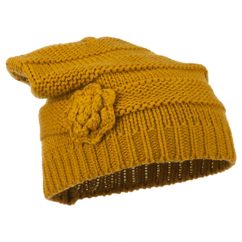 Flower Knit Long Beanie - Mustard OSFM