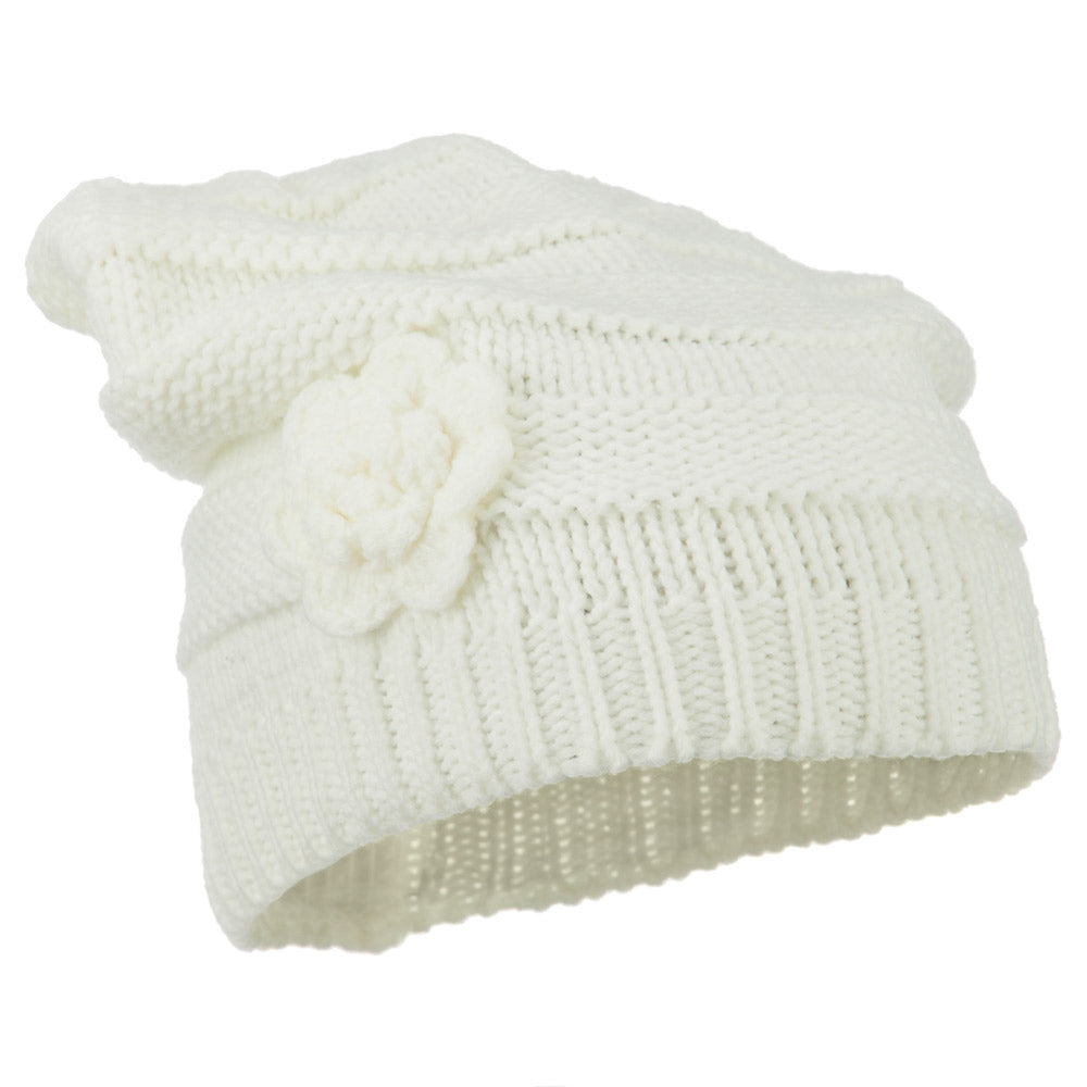 Flower Knit Long Beanie - White OSFM