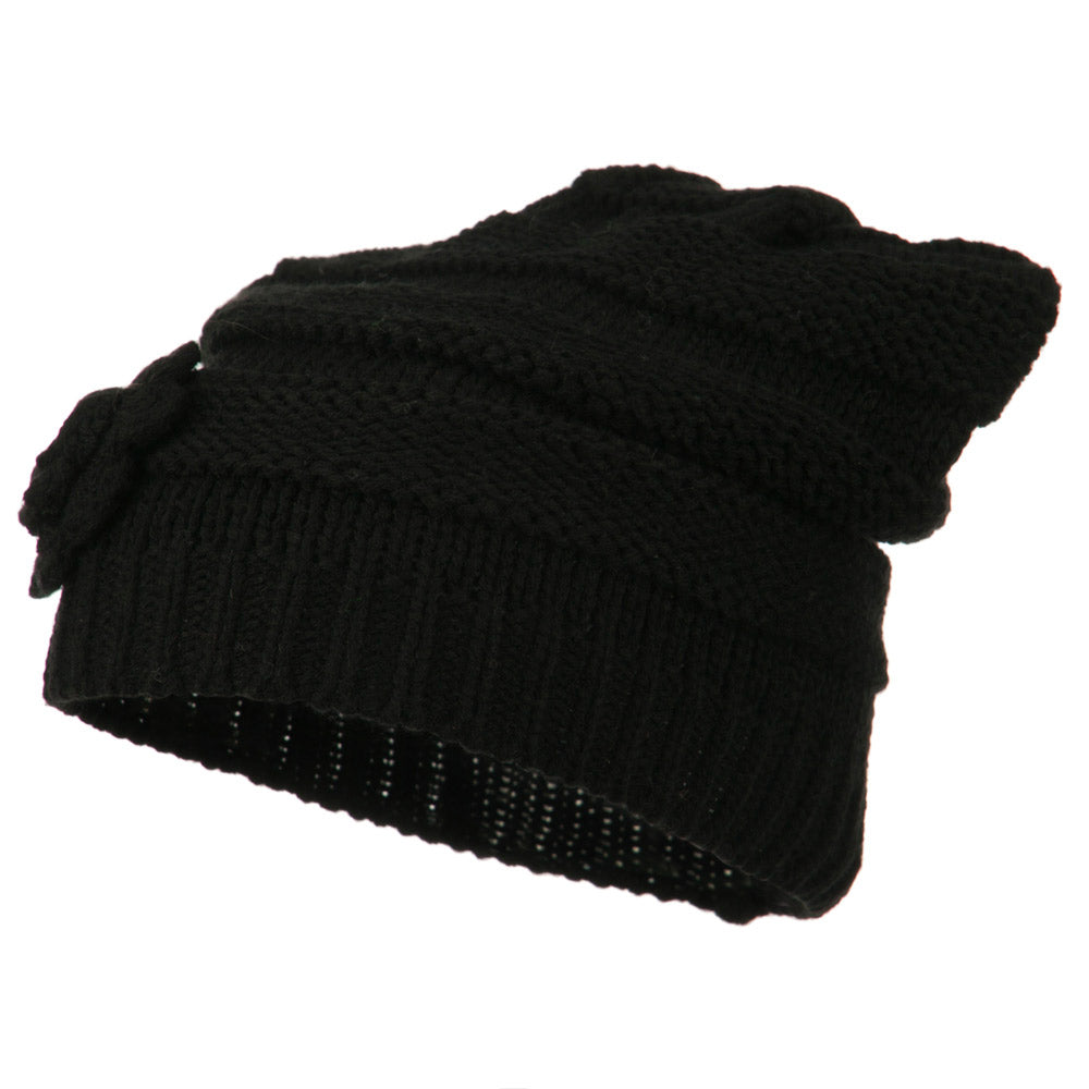 Flower Knit Long Beanie - Black OSFM