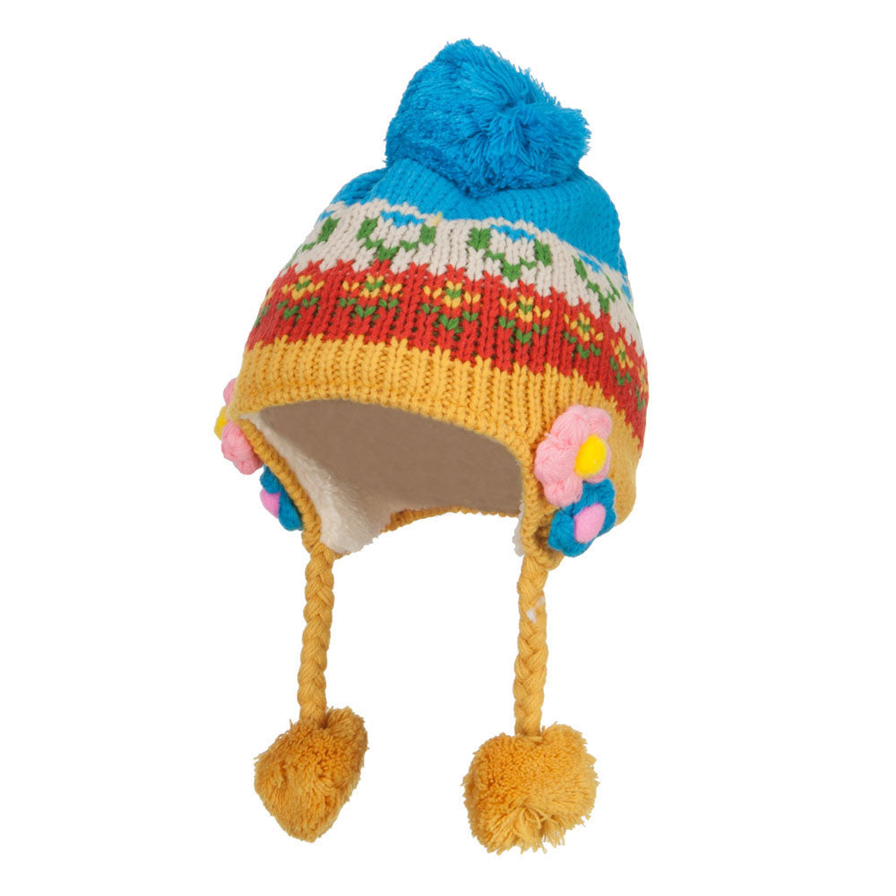 Girl&#039;s Flowers Detailed Ski Beanie - Blue OSFM