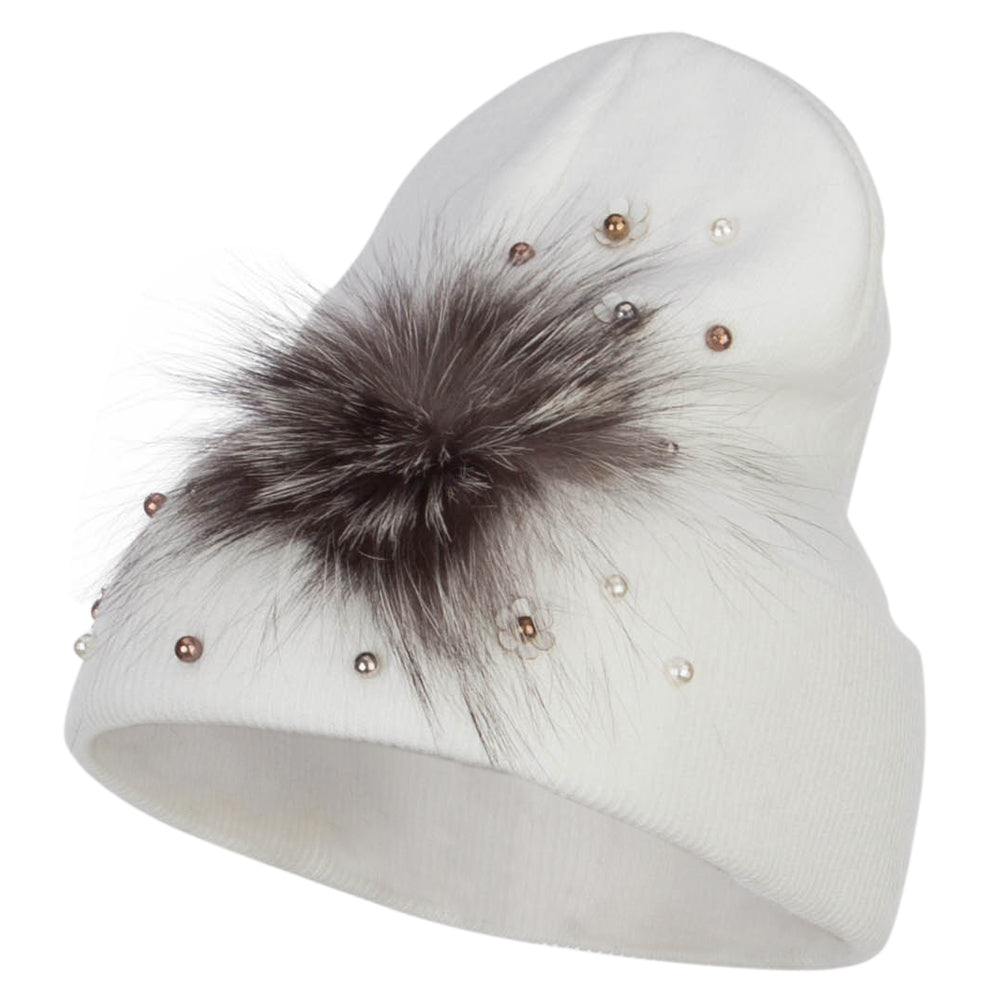 Flat Fur Snow Flake Cuff Beanie - White OSFM