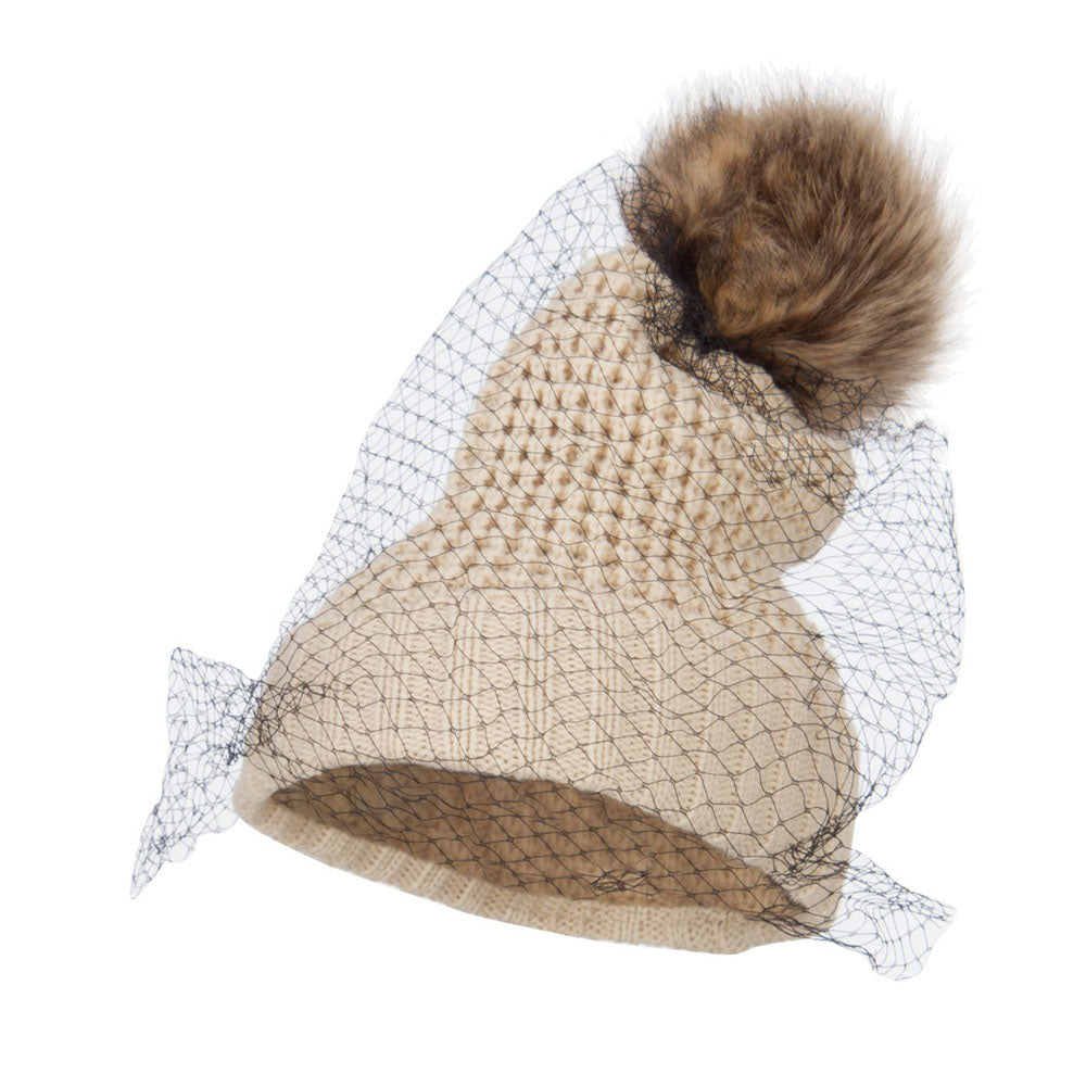 Faux Fur Pom Beanie with Netting - Cream OSFM