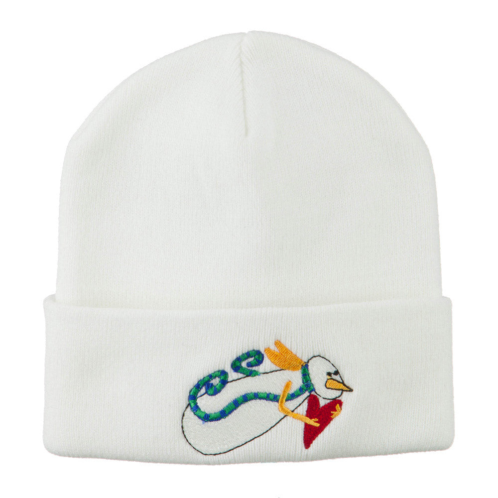 Flying Snowman Heart Embroidered Beanie - White OSFM