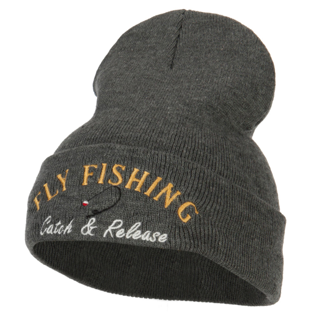 Fly Fishing Catch and Release Embroidered Long Beanie - Dk Grey OSFM
