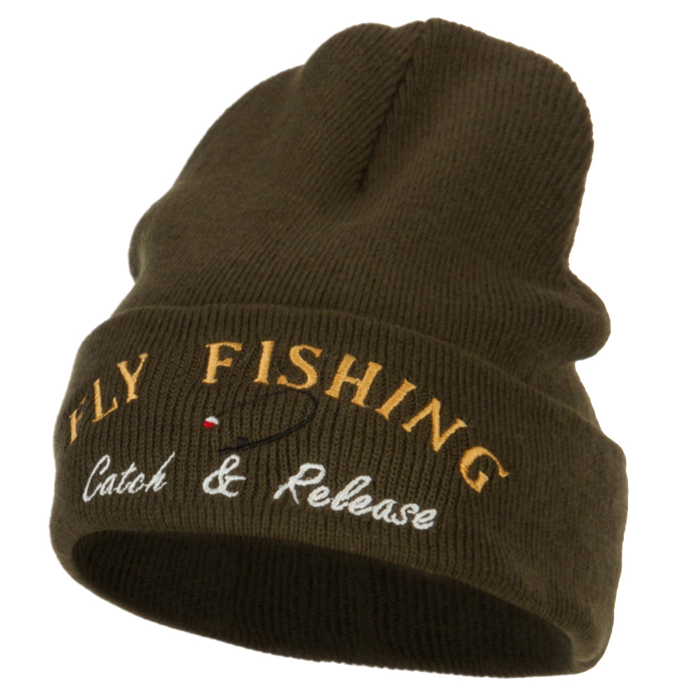 Fly Fishing Catch and Release Embroidered Long Beanie - Olive OSFM