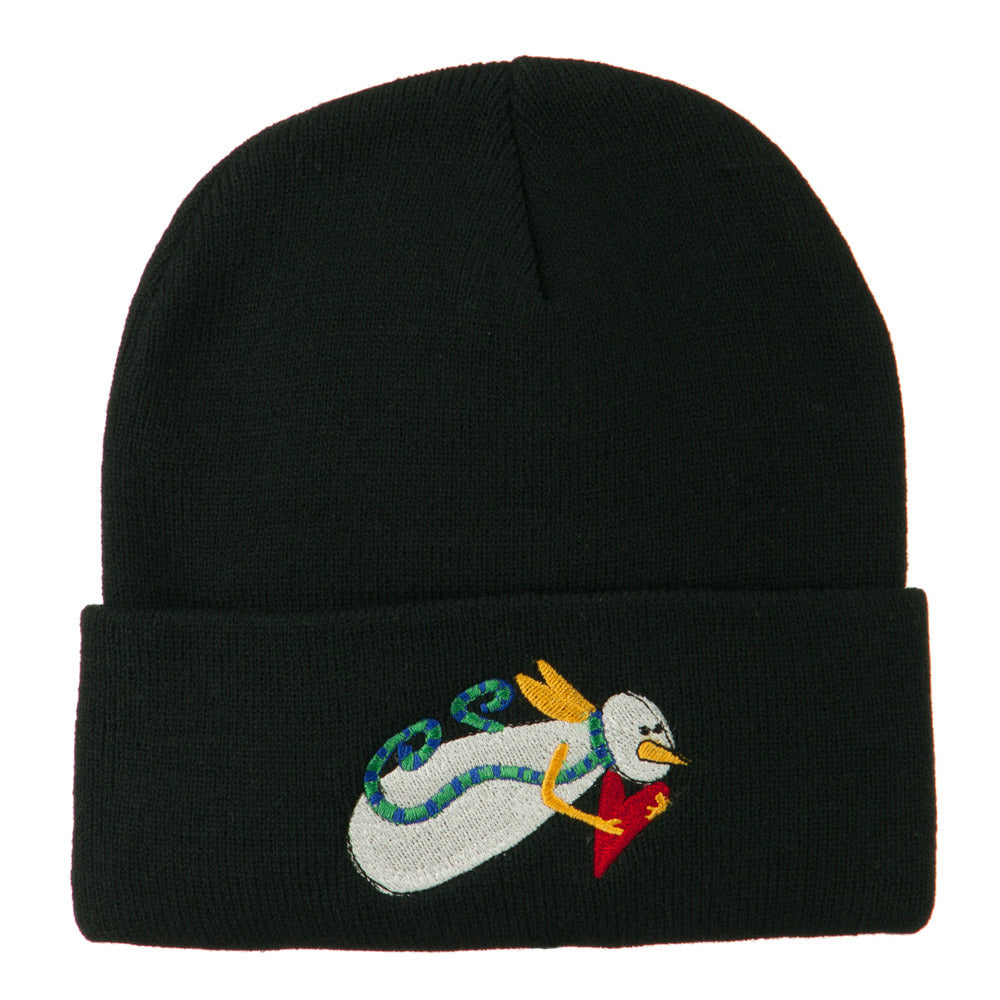 Flying Snowman Heart Embroidered Beanie - Black OSFM