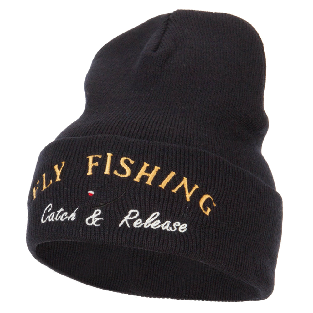 Fly Fishing Catch and Release Embroidered Long Beanie - Navy OSFM