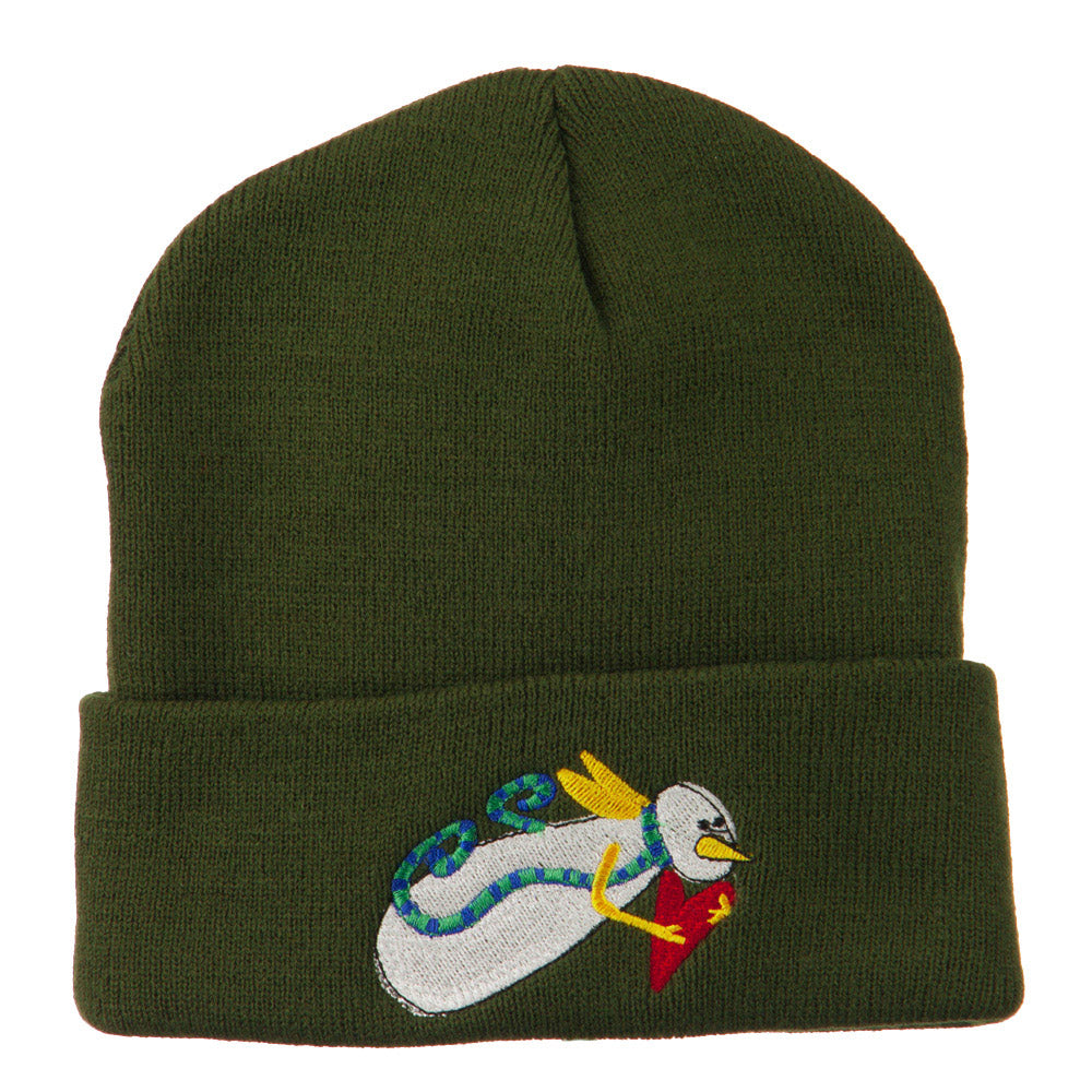 Flying Snowman Heart Embroidered Beanie - Olive OSFM