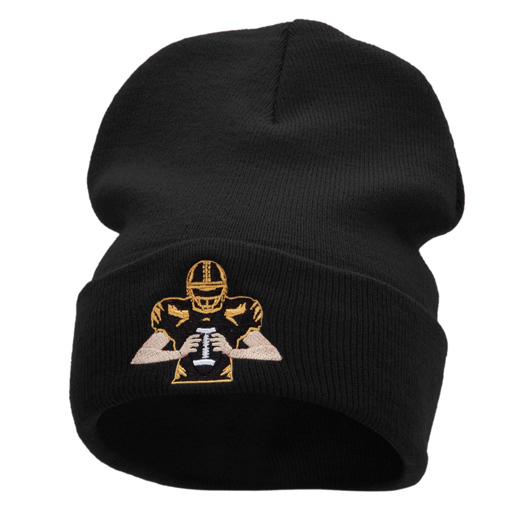Football Player Embroidered 12 Inch Long Knitted Beanie - Black OSFM