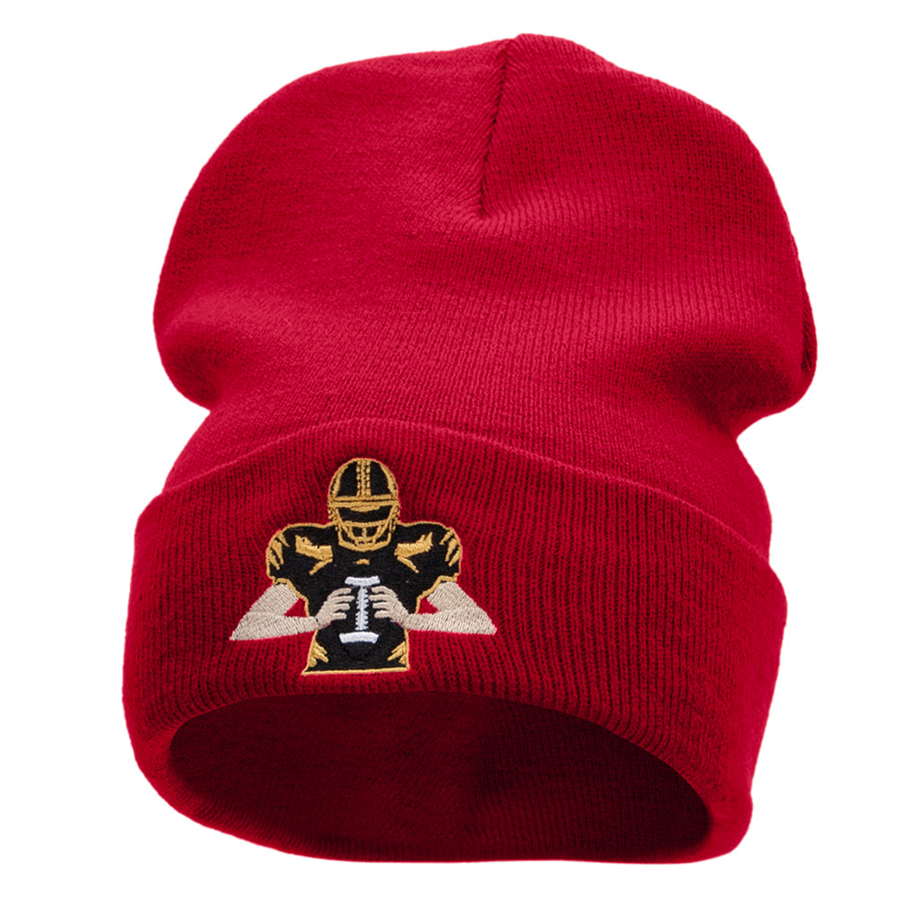 Football Player Embroidered 12 Inch Long Knitted Beanie - Red OSFM