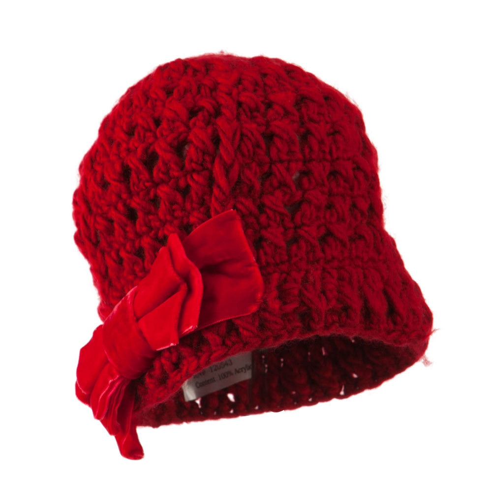 Girl&#039;s Acrylic Beanie with Crushed Large Velvet Bow - Red OSFM