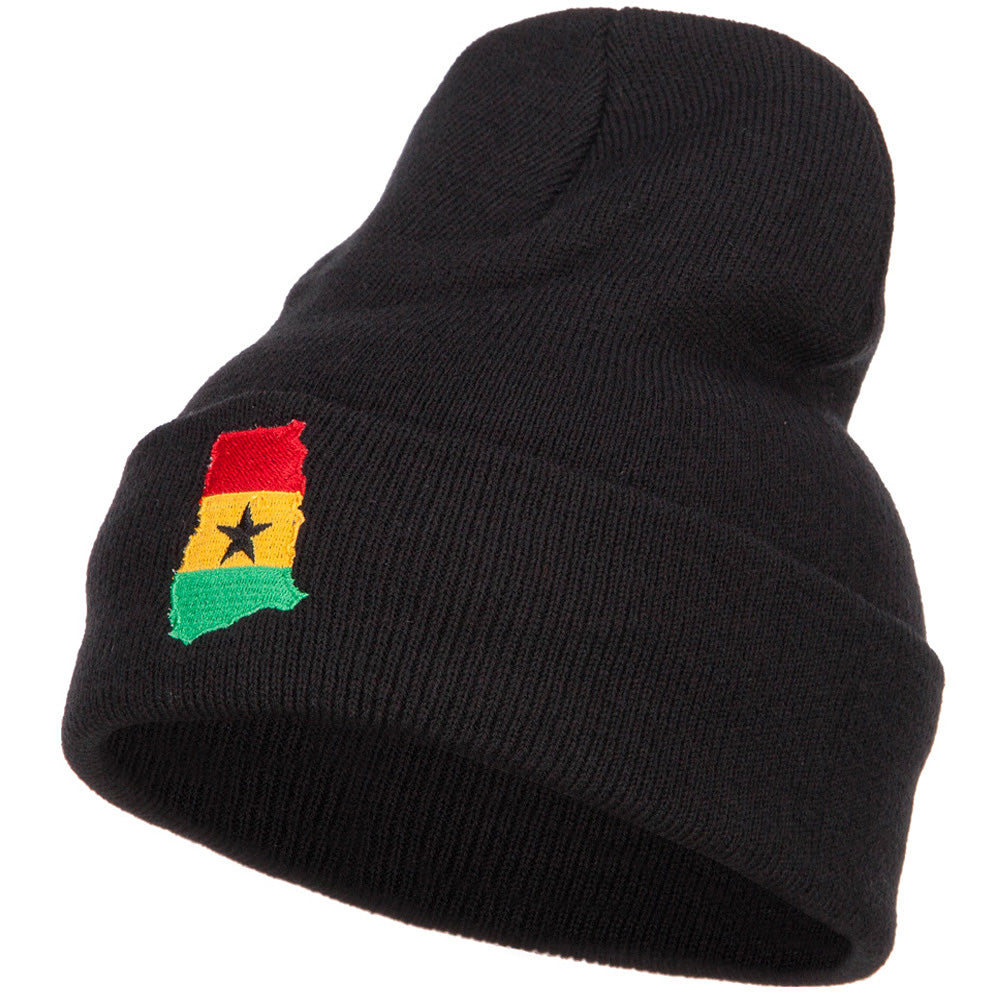 Ghana Flag Map Embroidered Long Beanie - Black OSFM