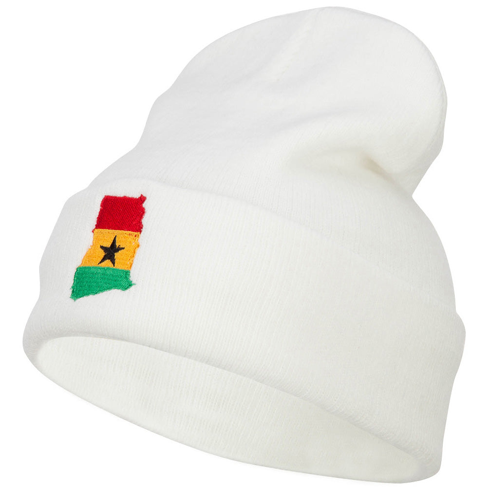 Ghana Flag Map Embroidered Long Beanie - White OSFM